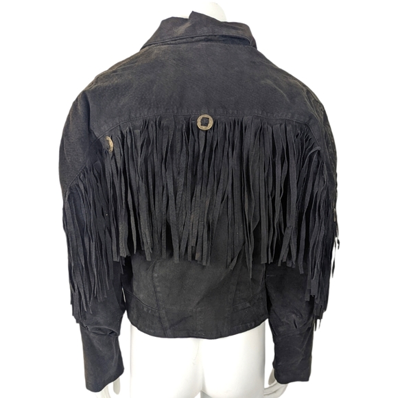 Vintage 80s Fringe Leather Jacket Western Womens Black Distressed - Picture 4 of 14